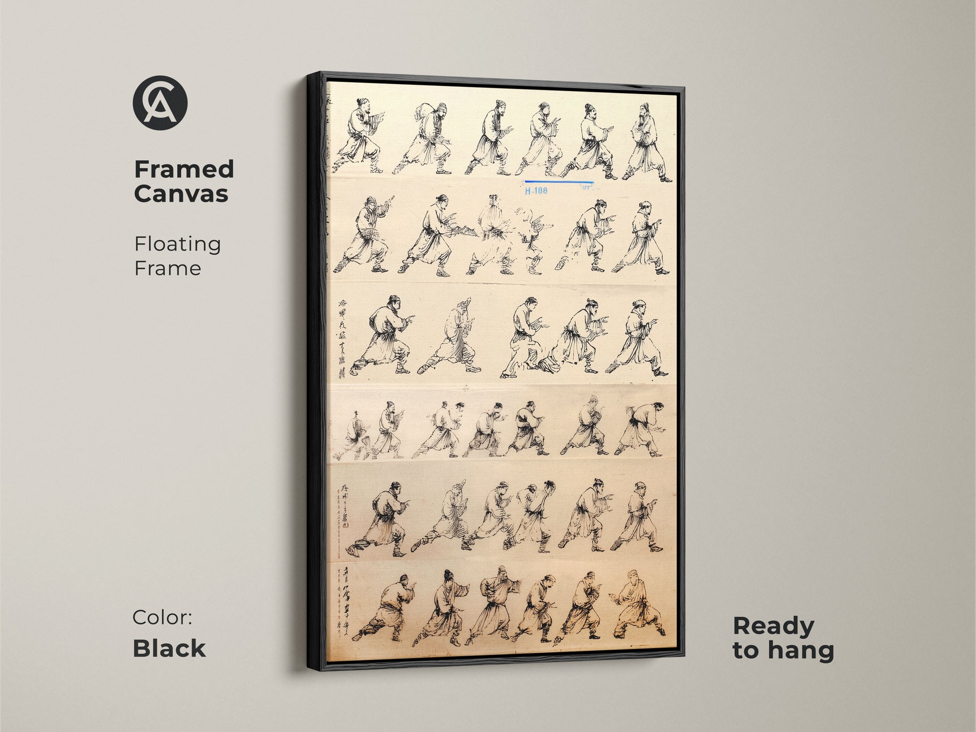 Black framed canvas featuring minimalist ink wash art. This martial arts action poses wall decor is ready to hang. The sepia tone artwork adds a touch of historical elegance. Perfect as a study room or office gift. This unique art print is a great addition to minimalist and traditional decor styles.