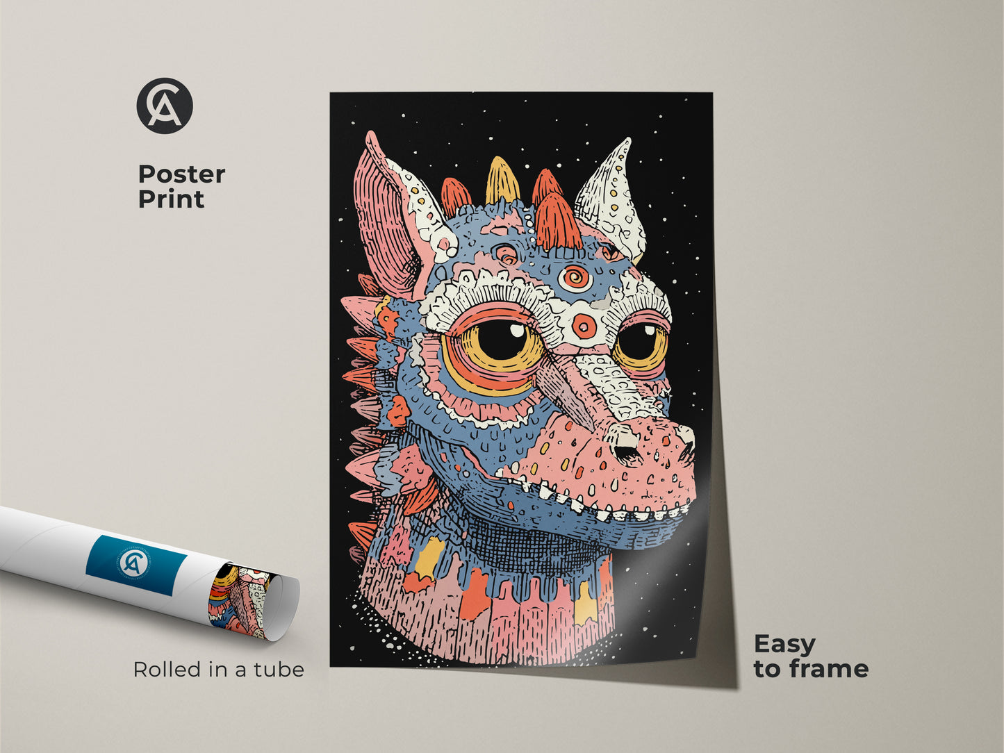 Poster print of a teal pink and blue monster artwork. The fantasy creature decor is rolled in a tube for easy framing. Ideal eclectic art gift for a dragon lover.
