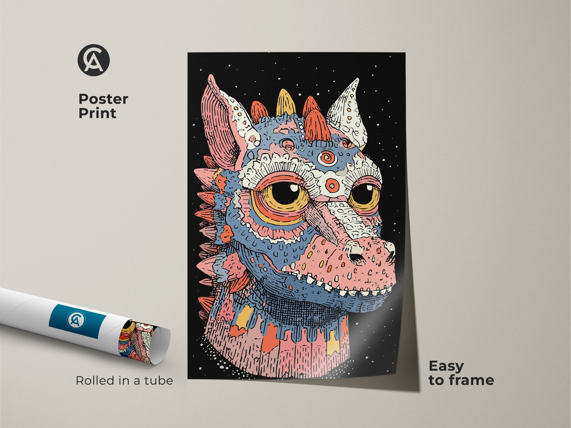 Poster print of a teal pink and blue monster artwork. The fantasy creature decor is rolled in a tube for easy framing. Ideal eclectic art gift for a dragon lover.