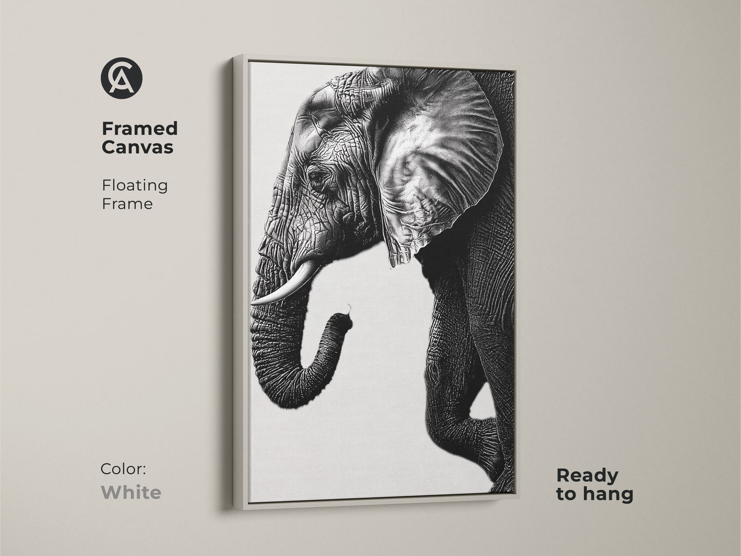White framed canvas displaying a minimalist elephant artwork in black and white. This modern animal wall decor is ready to hang. The elephant tusks art is a fine art print.