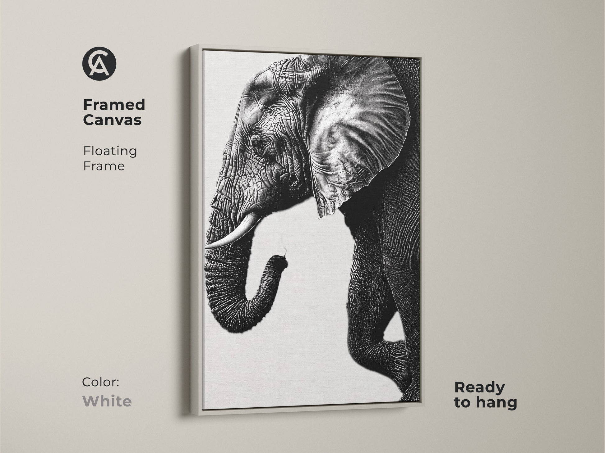 White framed canvas displaying a minimalist elephant artwork in black and white. This modern animal wall decor is ready to hang. The elephant tusks art is a fine art print.