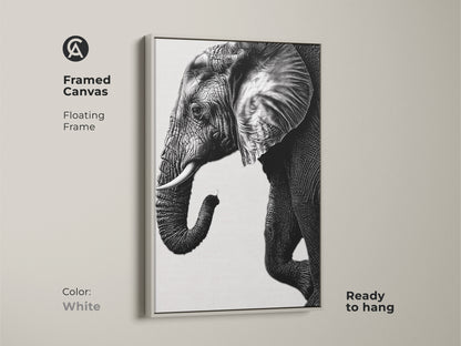 White framed canvas displaying a minimalist elephant artwork in black and white. This modern animal wall decor is ready to hang. The elephant tusks art is a fine art print.