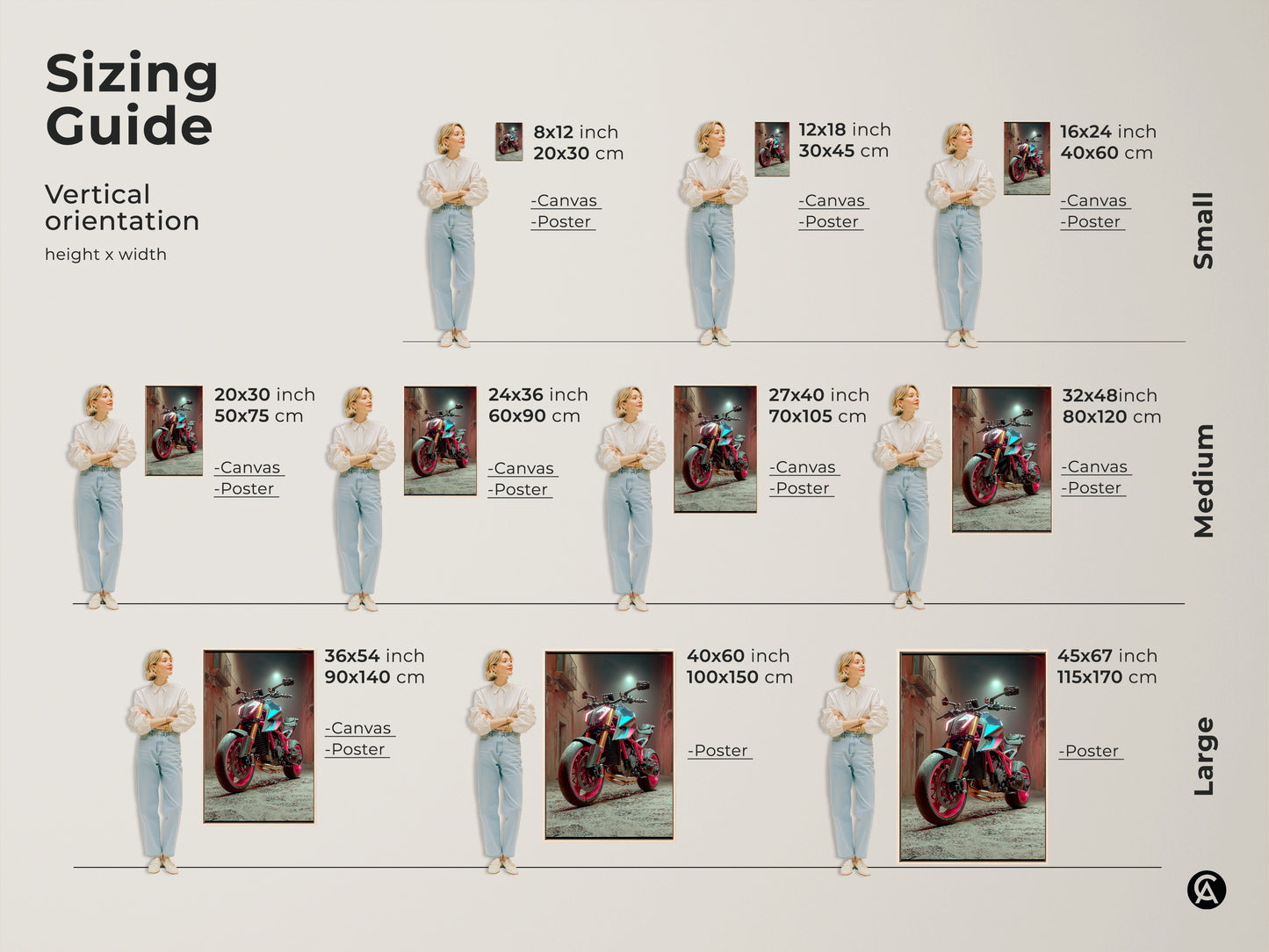Sizing guide for vertical orientation of canvas or poster. It features a Cyberpunk Motorcycle artwork. The sizes range from small to large. The neon colors give it a modern look. The canvas can fit any office or home.