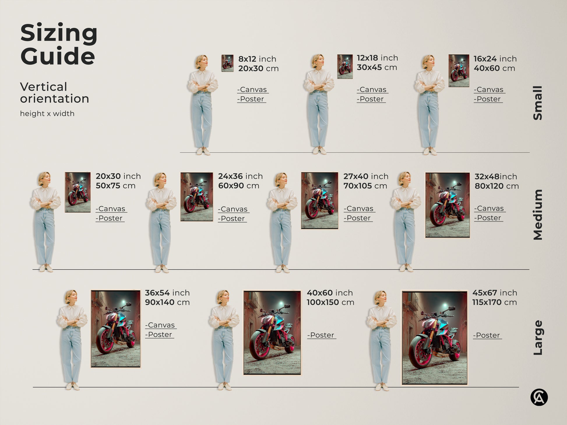 Sizing guide for vertical orientation of canvas or poster. It features a Cyberpunk Motorcycle artwork. The sizes range from small to large. The neon colors give it a modern look. The canvas can fit any office or home.