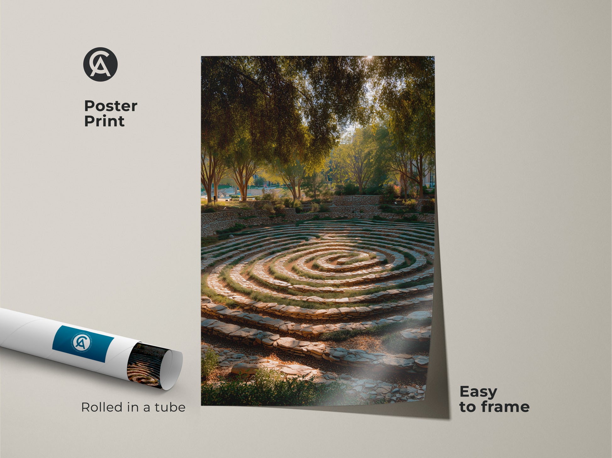 Poster print of a captivating garden maze with stone steps rolled in a tube ready to frame. This nature landscape artwork in gold brown and green tones brings a sense of tranquility. The architectural garden art is an easy to frame biophilic wall hanging.