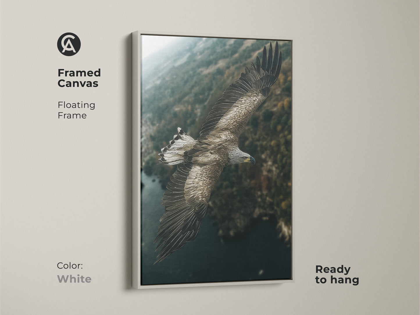 Framed canvas print featuring an eagle soaring over a forest with a white floating frame. This wildlife wall art brings a fresh natural feel to your space. The earthy tones and deep teal colors create a serene and rustic atmosphere. Ideal for nature enthusiasts.