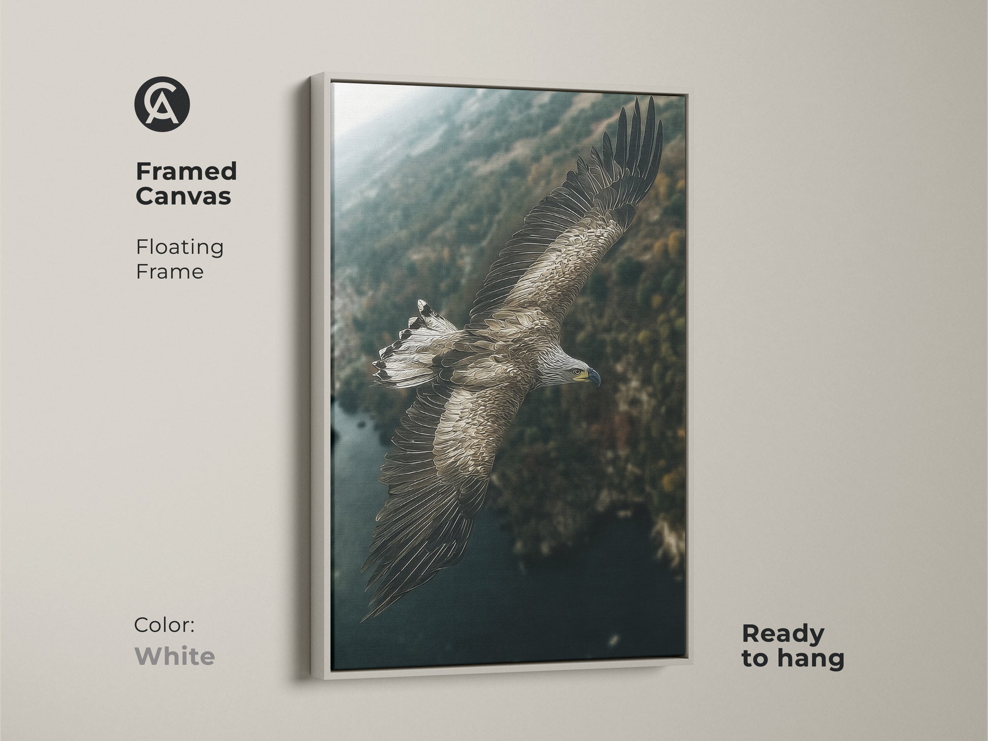 Framed canvas print featuring an eagle soaring over a forest with a white floating frame. This wildlife wall art brings a fresh natural feel to your space. The earthy tones and deep teal colors create a serene and rustic atmosphere. Ideal for nature enthusiasts.