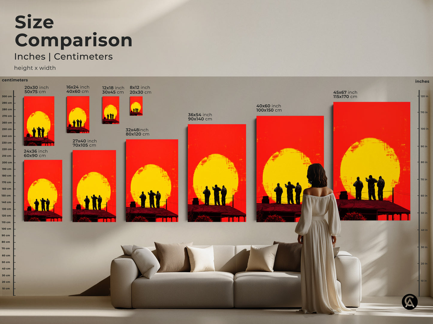 Size comparison of the urban rooftop figures artwork in inches and centimeters. See how the retro pop art canvas fits in different spaces. A perfect gift for urban explorers and art enthusiasts.