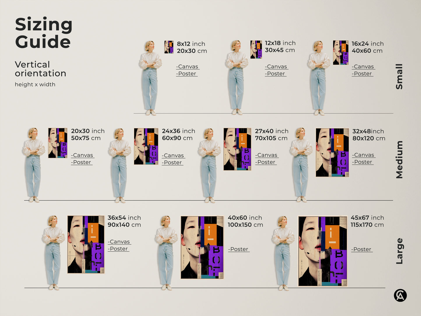 Sizing guide for this vertical geometric collage canvas print. Available in small medium and large sizes. Find the perfect fit for your space with this abstract face portrait. Enhance your modern office decor with orange purple and beige art.