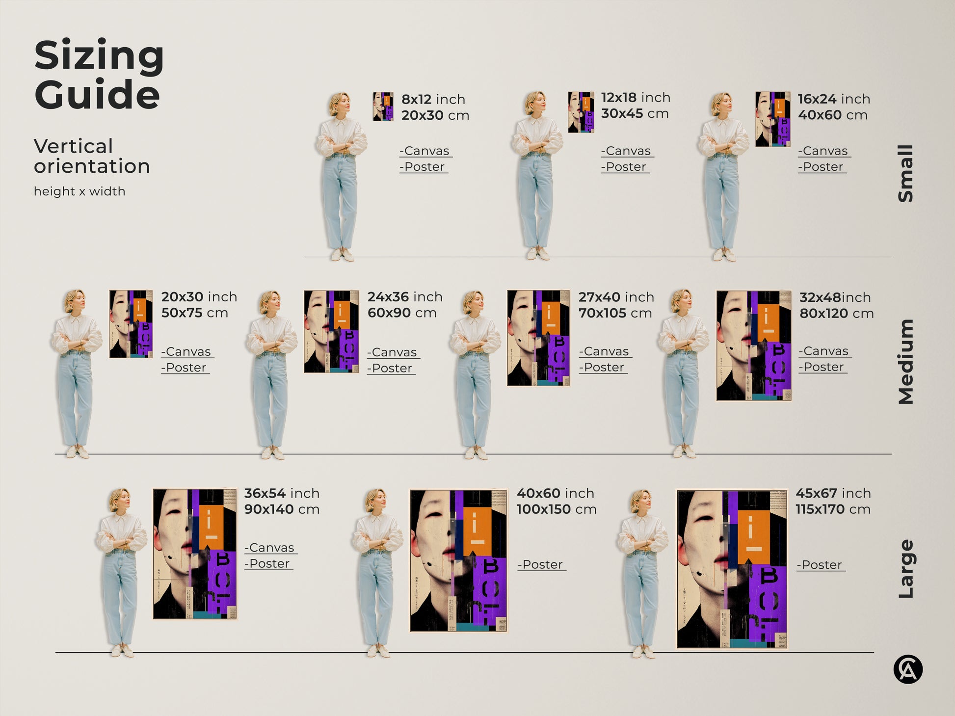 Sizing guide for this vertical geometric collage canvas print. Available in small medium and large sizes. Find the perfect fit for your space with this abstract face portrait. Enhance your modern office decor with orange purple and beige art.