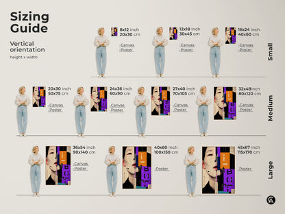 Sizing guide for this vertical geometric collage canvas print. Available in small medium and large sizes. Find the perfect fit for your space with this abstract face portrait. Enhance your modern office decor with orange purple and beige art.