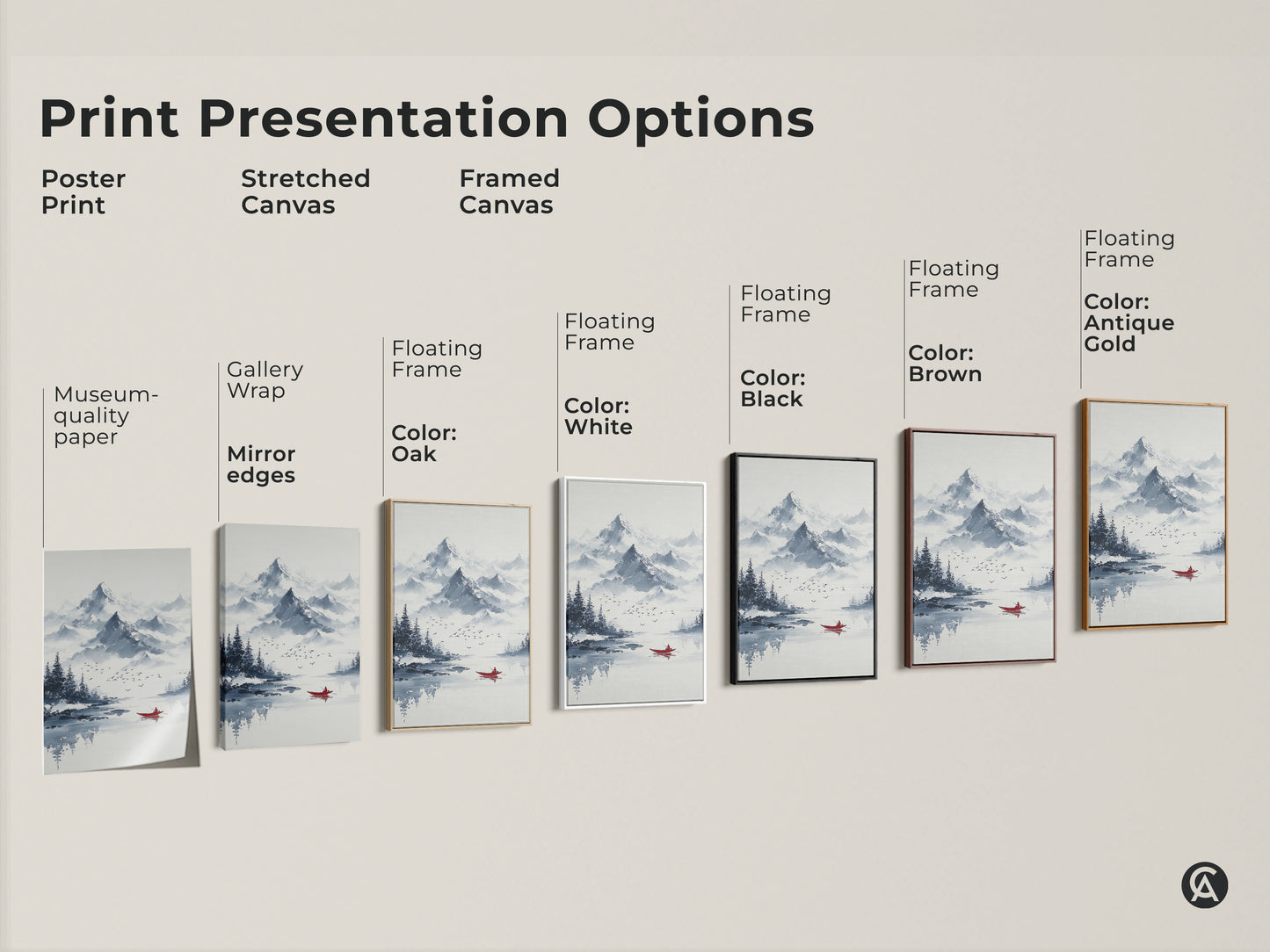 Print presentation options for minimalist mountain art. Choose from poster stretched or framed canvas. Select a floating frame in oak white black brown or antique gold. Find the perfect serene lake artwork for your home.