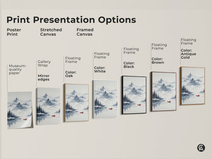 Print presentation options for minimalist mountain art. Choose from poster stretched or framed canvas. Select a floating frame in oak white black brown or antique gold. Find the perfect serene lake artwork for your home.