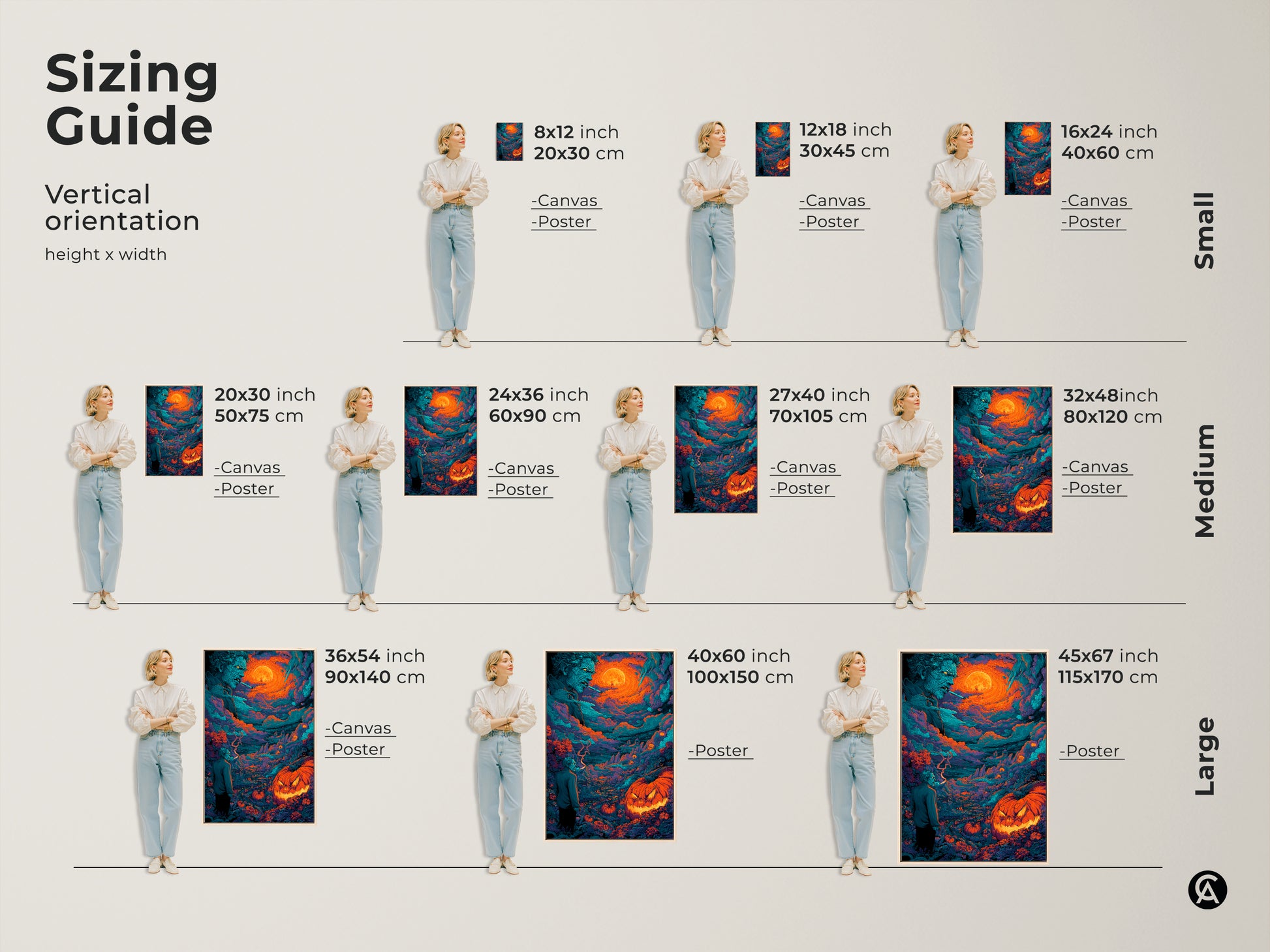 Discover vertical sizing options for Halloween artwork. Available as canvas or poster in sizes from small to large. Artwork features a spooky zombie and glowing jack-o-lantern. Find the perfect fit for your space. Transform your decor with this Halloween art.
