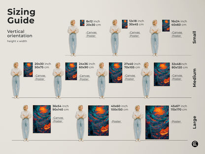 Discover vertical sizing options for Halloween artwork. Available as canvas or poster in sizes from small to large. Artwork features a spooky zombie and glowing jack-o-lantern. Find the perfect fit for your space. Transform your decor with this Halloween art.