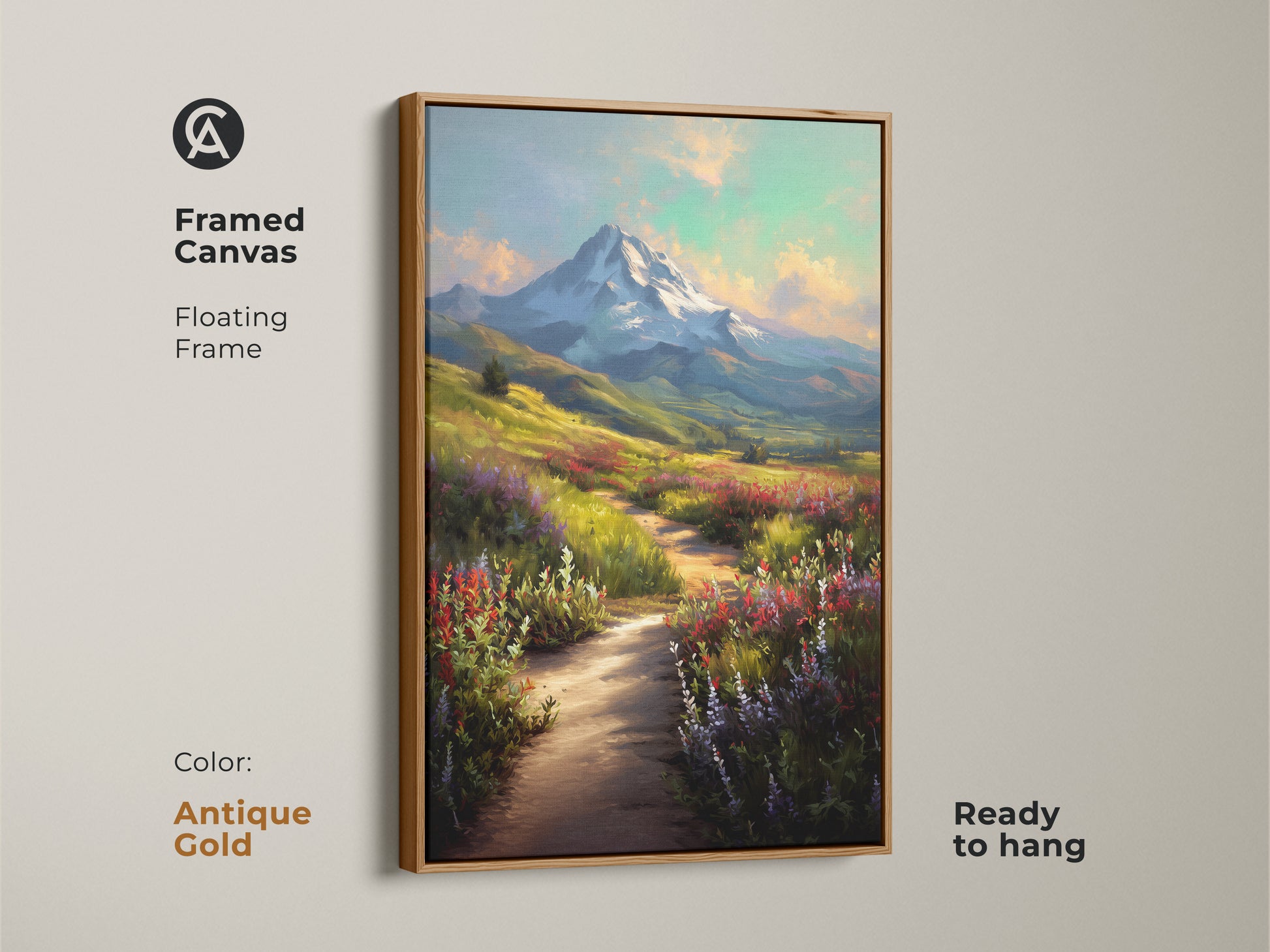 Antique gold framed canvas of a countryside path. The wildflower art print adds warmth to your living space. Ready to hang with its floating frame. This scenic landscape artwork is a timeless piece.