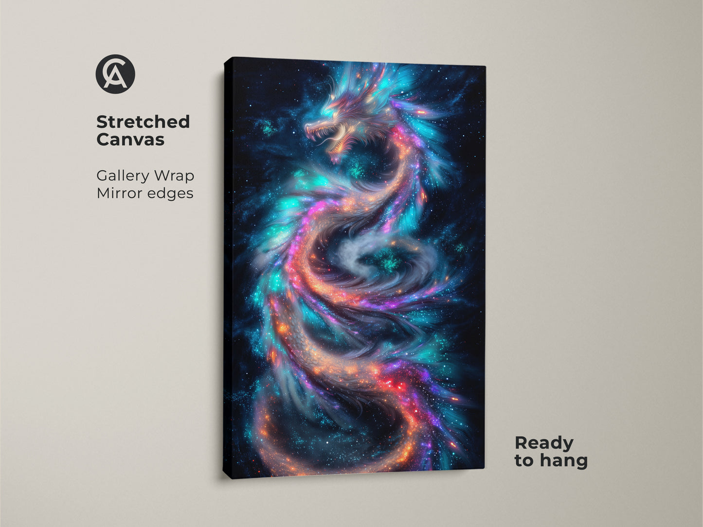 A stretched canvas gallery wrap print of a cosmic dragon. This fantasy dragon artwork features mirror edges. The canvas is ready to hang. The eclectic art features blue purple and teal colors against a star-filled backdrop.
