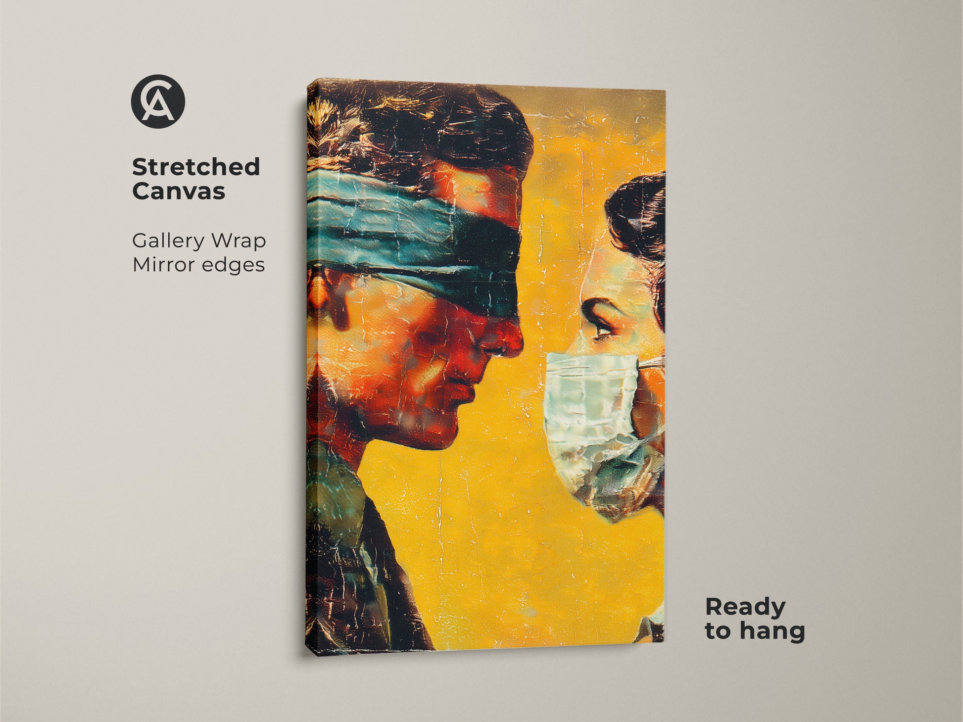 Stretched canvas art in a gallery wrap style. The artwork shows a masked woman and blindfolded man. The canvas has mirror edges. It comes ready to hang adding a unique touch to your wall decor with this ready to hang canvas.