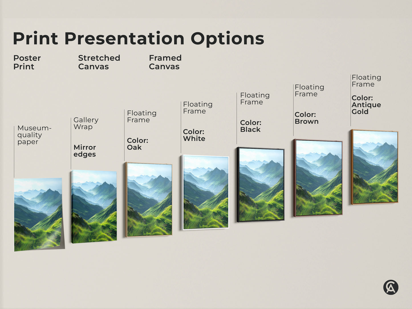 Print presentation options for emerald green mountain landscape artwork. Choose from poster prints stretched canvas or framed canvas. Several floating frame colors are available like oak white black brown and antique gold. Find the perfect style to showcase this scenic valley and hills painting.