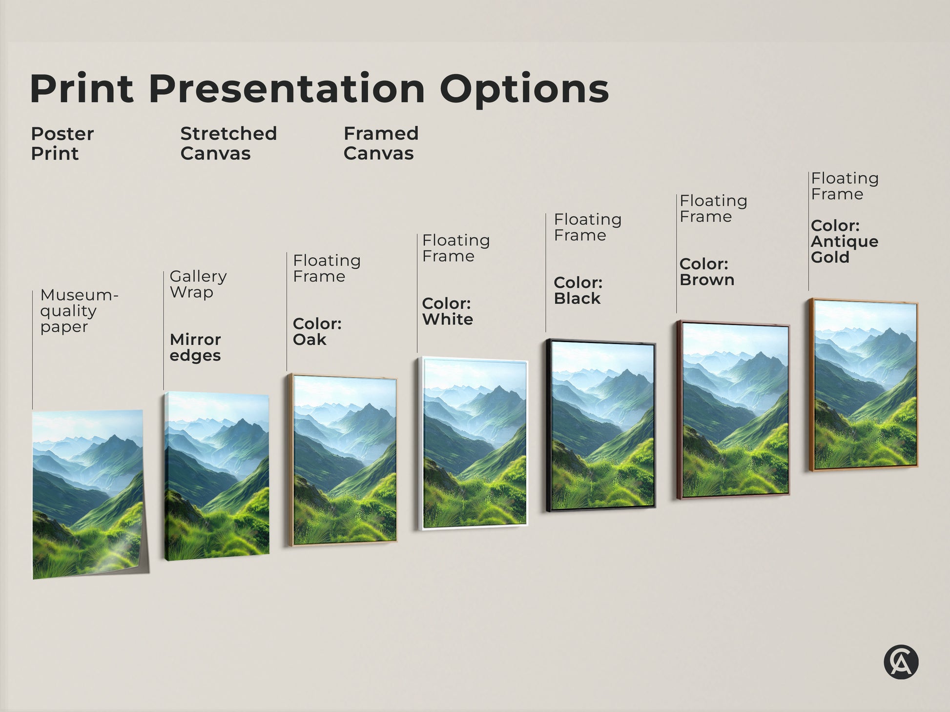 Print presentation options for emerald green mountain landscape artwork. Choose from poster prints stretched canvas or framed canvas. Several floating frame colors are available like oak white black brown and antique gold. Find the perfect style to showcase this scenic valley and hills painting.