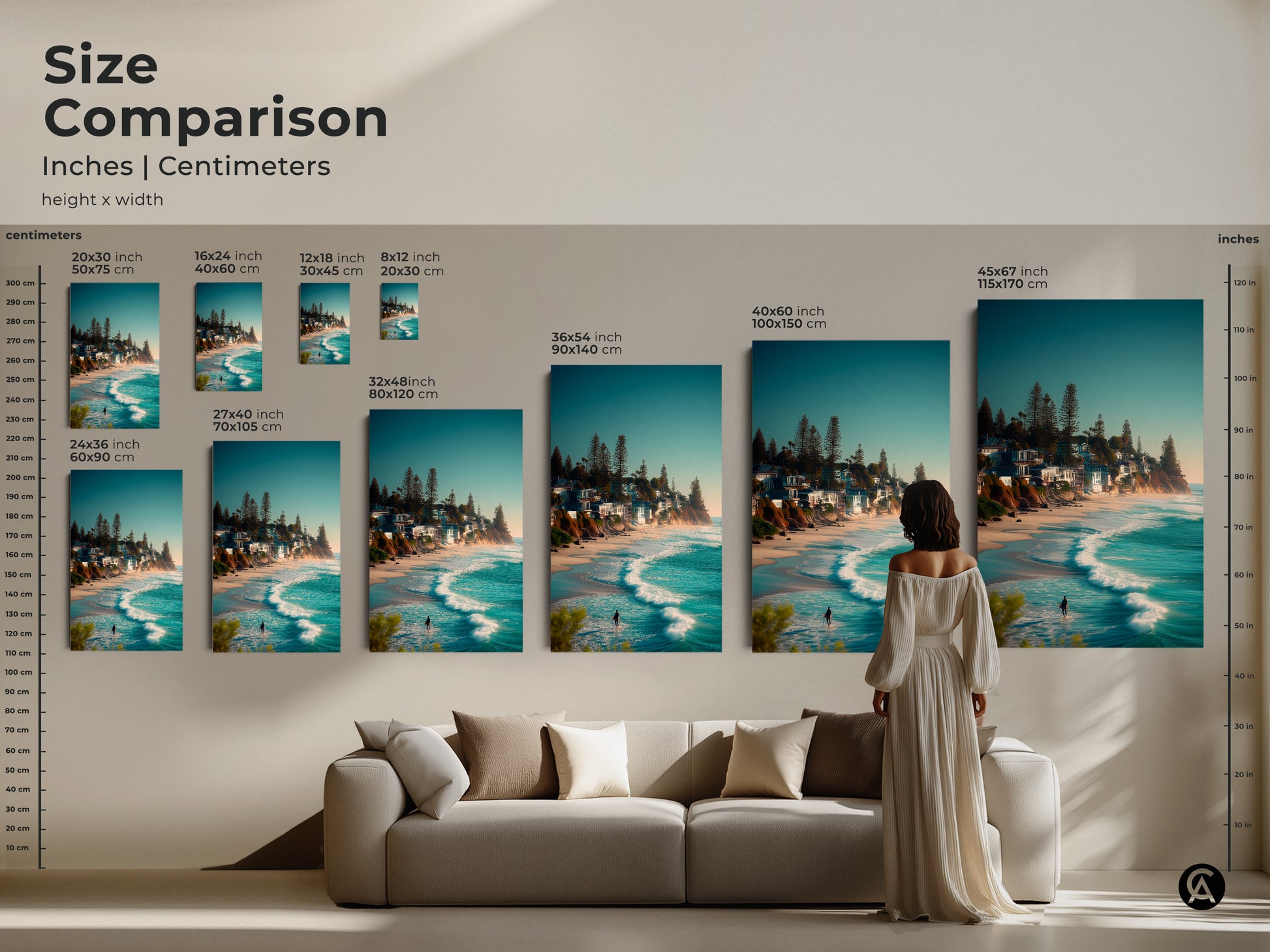 Size comparison of our canvas and poster artwork in inches and centimeters. See how each size fits above a sofa for the perfect wall decor. Featuring a serene beach scene with a surfer this art will enhance any room. Find the ideal size for your space.