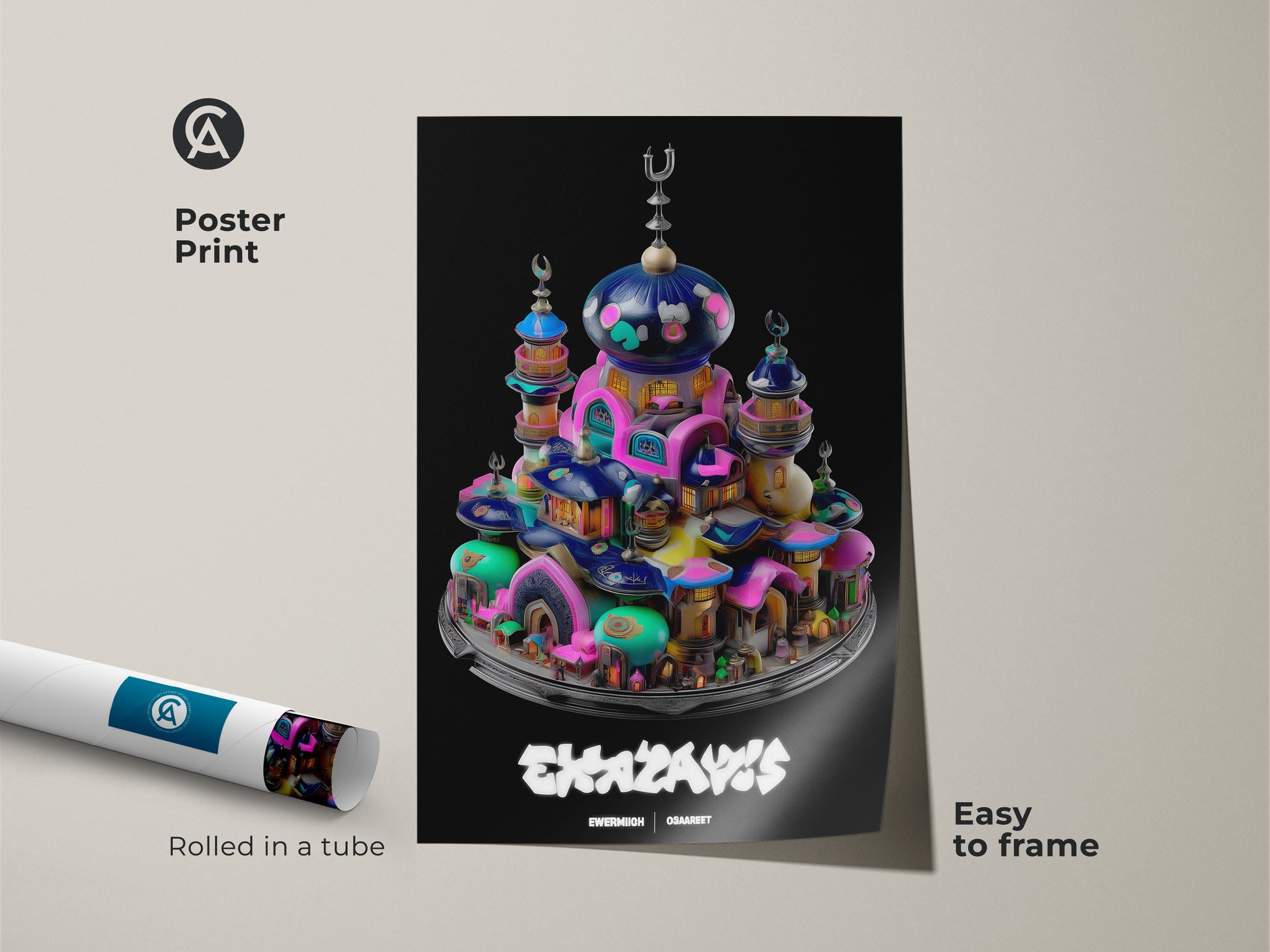 This poster print showcases a surreal mosque fantasy town in vibrant colors. The abstract architecture decor art is easy to frame. A unique wall hanging in teal pink and blue tones. Ideal for eclectic home art or as a gift for fantasy art collectors.