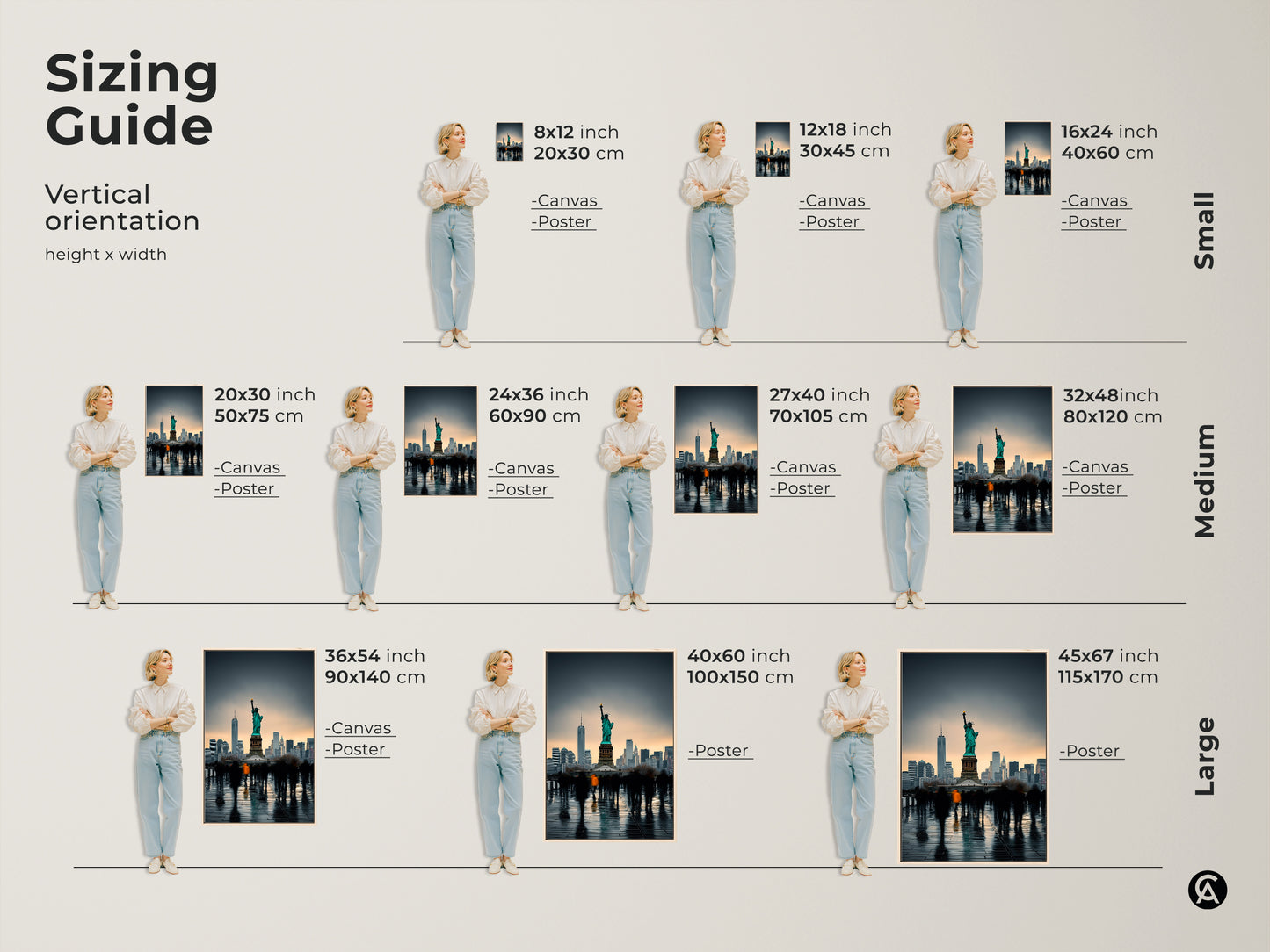 Sizing guide for NYC skyline art prints. Options include canvas and poster in various sizes. This Statue of Liberty artwork fits perfectly in any space. Find the ideal contemporary cityscape decor for your home. Sizes range from small to large.
