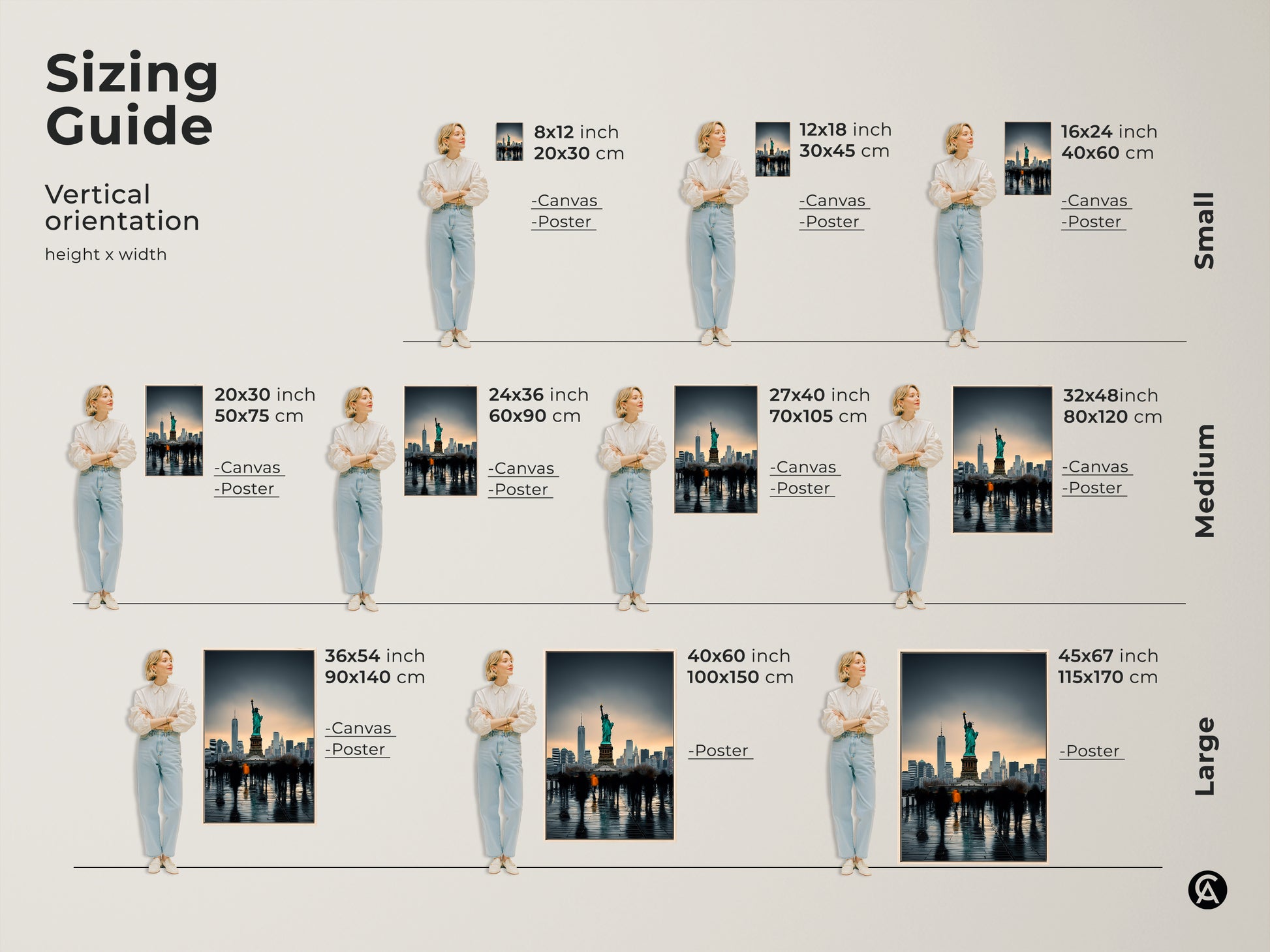 Sizing guide for NYC skyline art prints. Options include canvas and poster in various sizes. This Statue of Liberty artwork fits perfectly in any space. Find the ideal contemporary cityscape decor for your home. Sizes range from small to large.