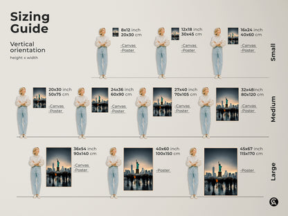 Sizing guide for NYC skyline art prints. Options include canvas and poster in various sizes. This Statue of Liberty artwork fits perfectly in any space. Find the ideal contemporary cityscape decor for your home. Sizes range from small to large.
