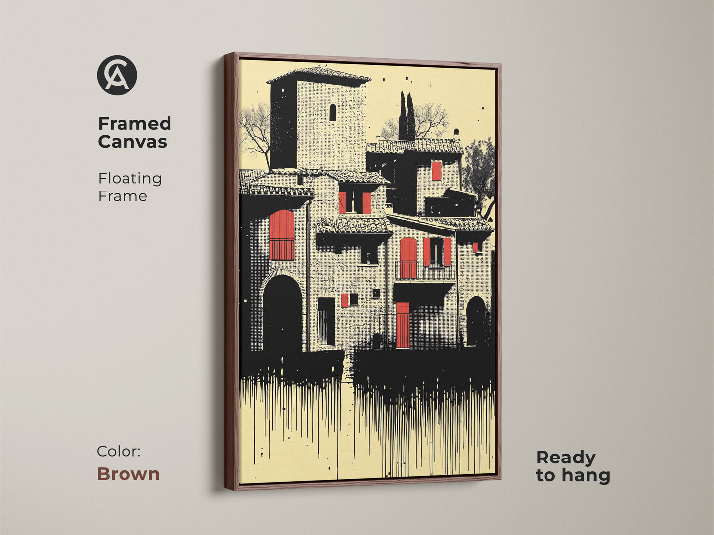 Framed canvas featuring Tuscan village artwork. The floating frame is brown. This Italian architecture piece uses a cream red and black palette. This ready to hang art print adds a unique travel inspired touch to your eclectic decor.