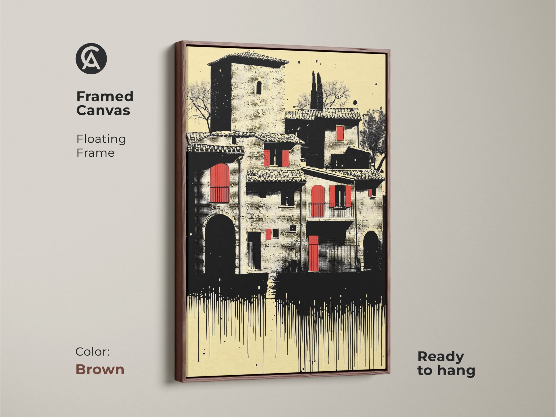 Framed canvas featuring Tuscan village artwork. The floating frame is brown. This Italian architecture piece uses a cream red and black palette. This ready to hang art print adds a unique travel inspired touch to your eclectic decor.