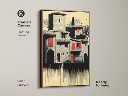 Framed canvas featuring Tuscan village artwork. The floating frame is brown. This Italian architecture piece uses a cream red and black palette. This ready to hang art print adds a unique travel inspired touch to your eclectic decor.