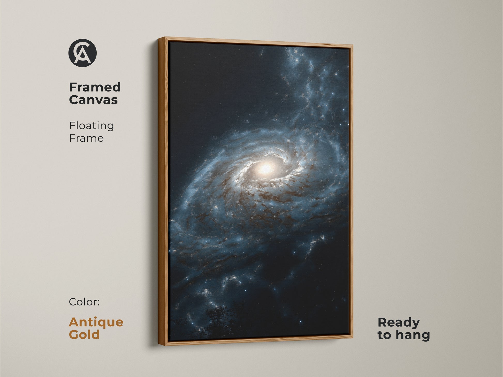 Framed canvas with a floating antique gold frame displaying deep blue galaxy nebula art. This ready to hang artwork brings celestial beauty to any space. A sophisticated gift for stargazers and a stylish addition to modern home art.