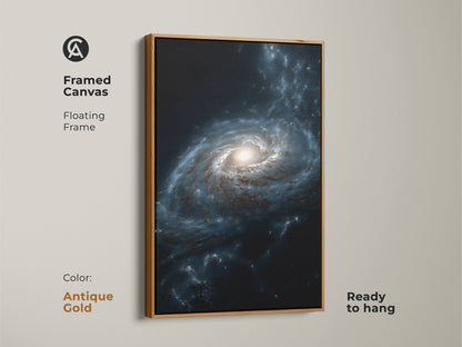 Framed canvas with a floating antique gold frame displaying deep blue galaxy nebula art. This ready to hang artwork brings celestial beauty to any space. A sophisticated gift for stargazers and a stylish addition to modern home art.