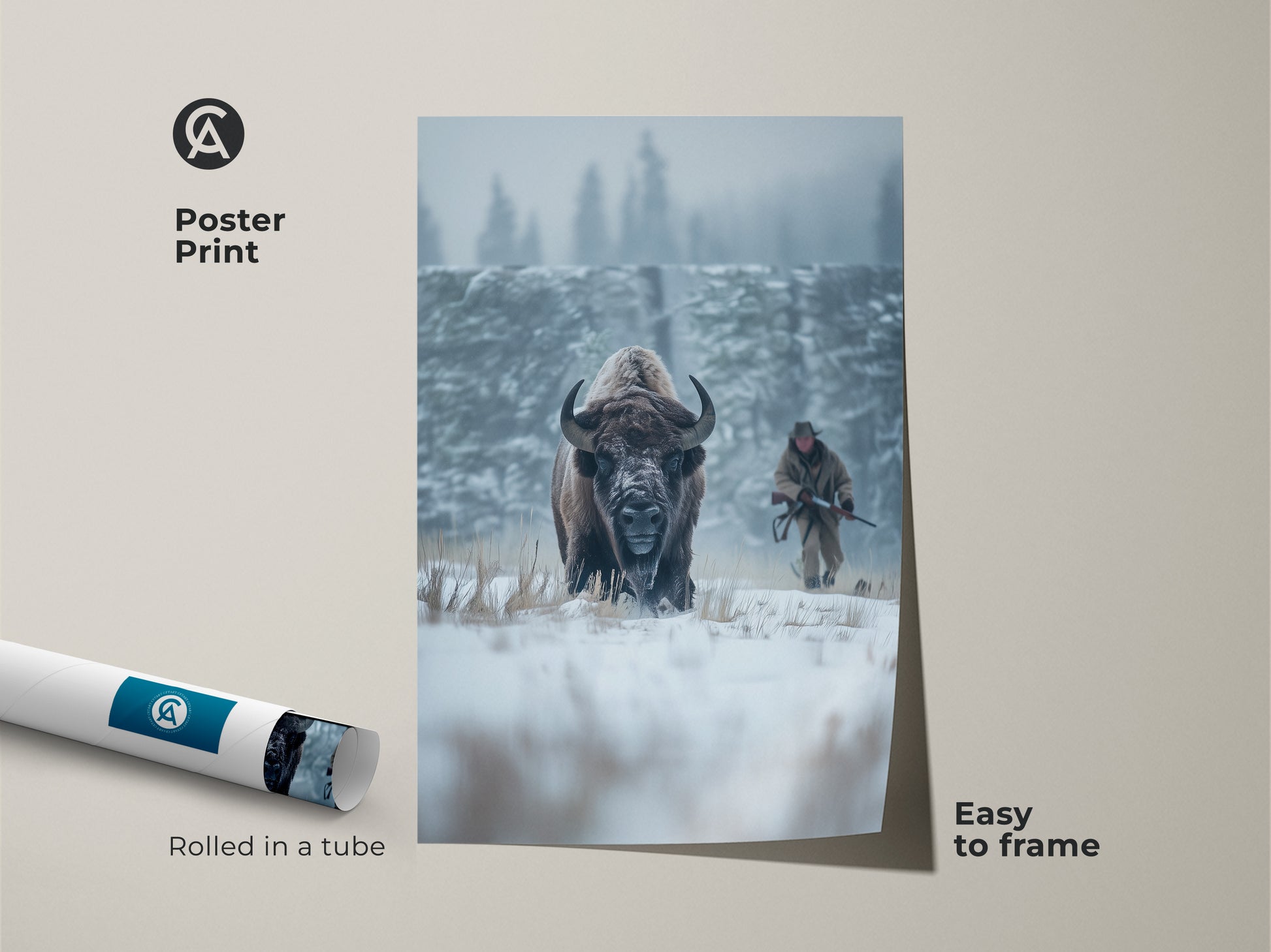 Poster print of a bison in a winter scene. The artwork shows a hunter and bison in snowy field. Easy to frame and display. This wildlife poster captures the essence of nature. Rolled in a tube for protection.