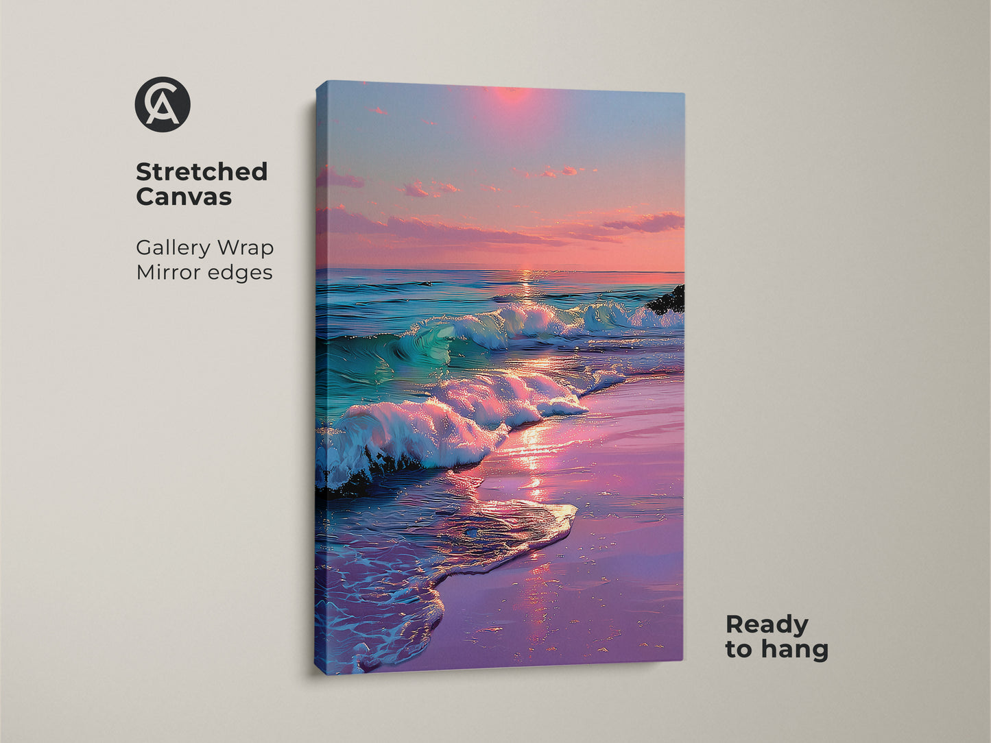 Stretched canvas of a dreamy ocean sunset. Coastal beach waves wall art features a gallery wrap and mirror edges. Ready to hang pink purple teal seascape painting.