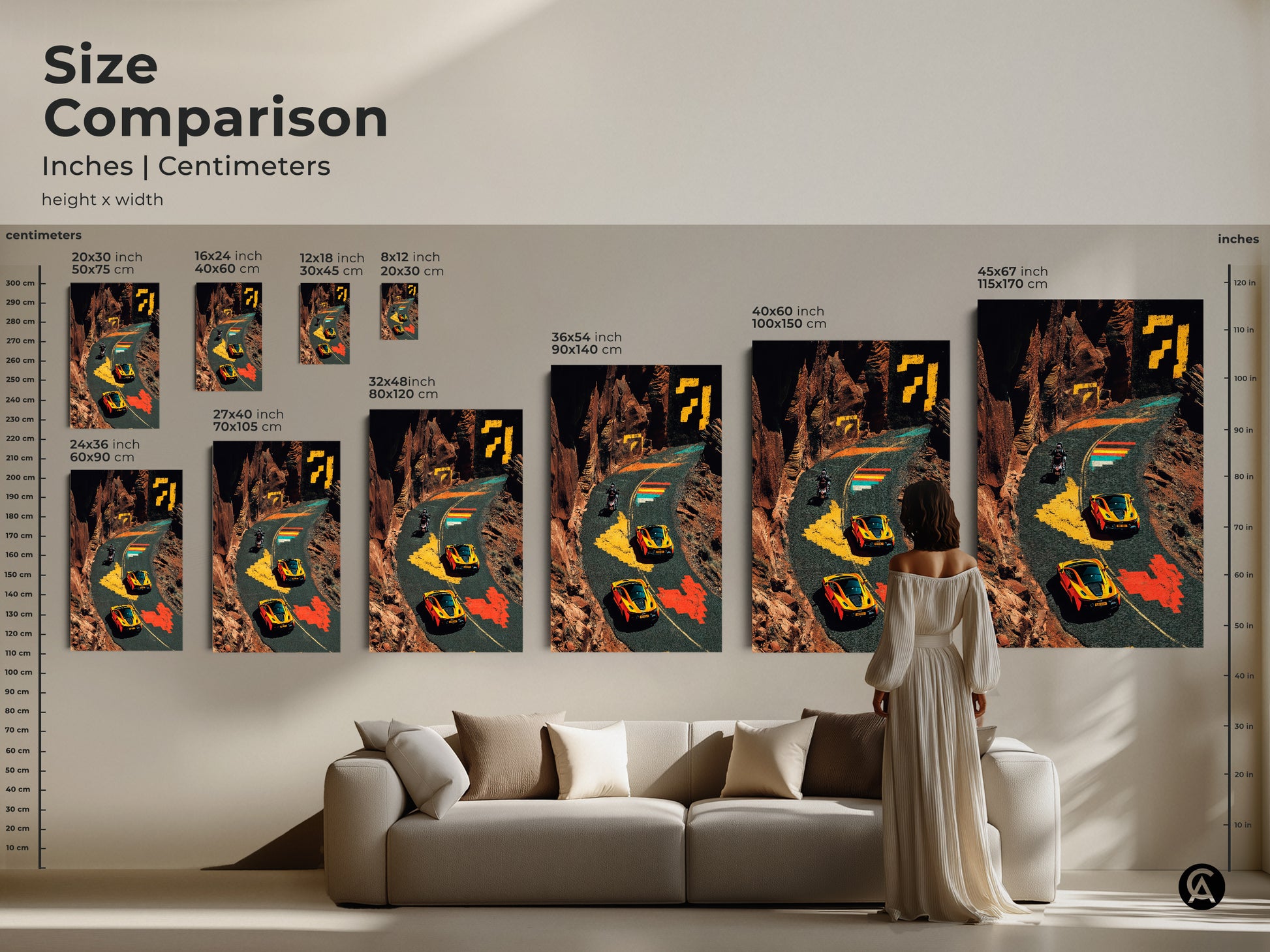 Compare sizes of this dynamic pixel art featuring sports cars and a motorcycle. Visualize how each size transforms your living space. The artwork makes a statement in any room. Choose the ideal dimensions to enhance your decor or surprise an F1 fan with a unique art piece. Shop now and bring adventure home
