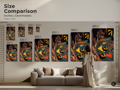 Compare sizes of this dynamic pixel art featuring sports cars and a motorcycle. Visualize how each size transforms your living space. The artwork makes a statement in any room. Choose the ideal dimensions to enhance your decor or surprise an F1 fan with a unique art piece. Shop now and bring adventure home