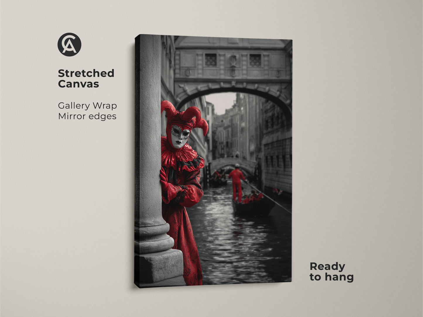 This is a Venice Carnival canvas print of a Red jester costume art. The masquerade ball artwork is ready to hang. This gallery wrapped canvas features mirrored edges. Theatrical wall art print is on stretched canvas. See the gondola canal in Venice.