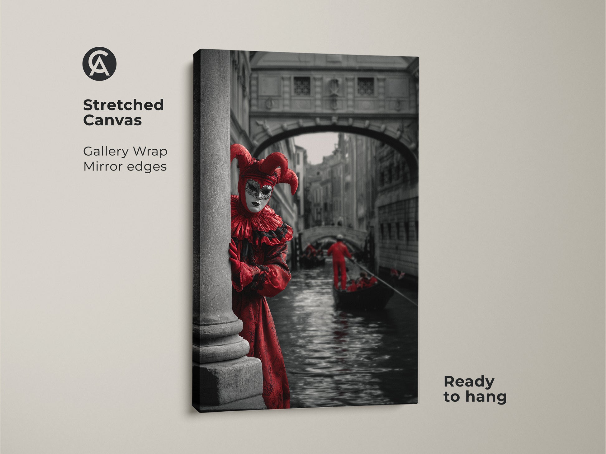 This is a Venice Carnival canvas print of a Red jester costume art. The masquerade ball artwork is ready to hang. This gallery wrapped canvas features mirrored edges. Theatrical wall art print is on stretched canvas. See the gondola canal in Venice.