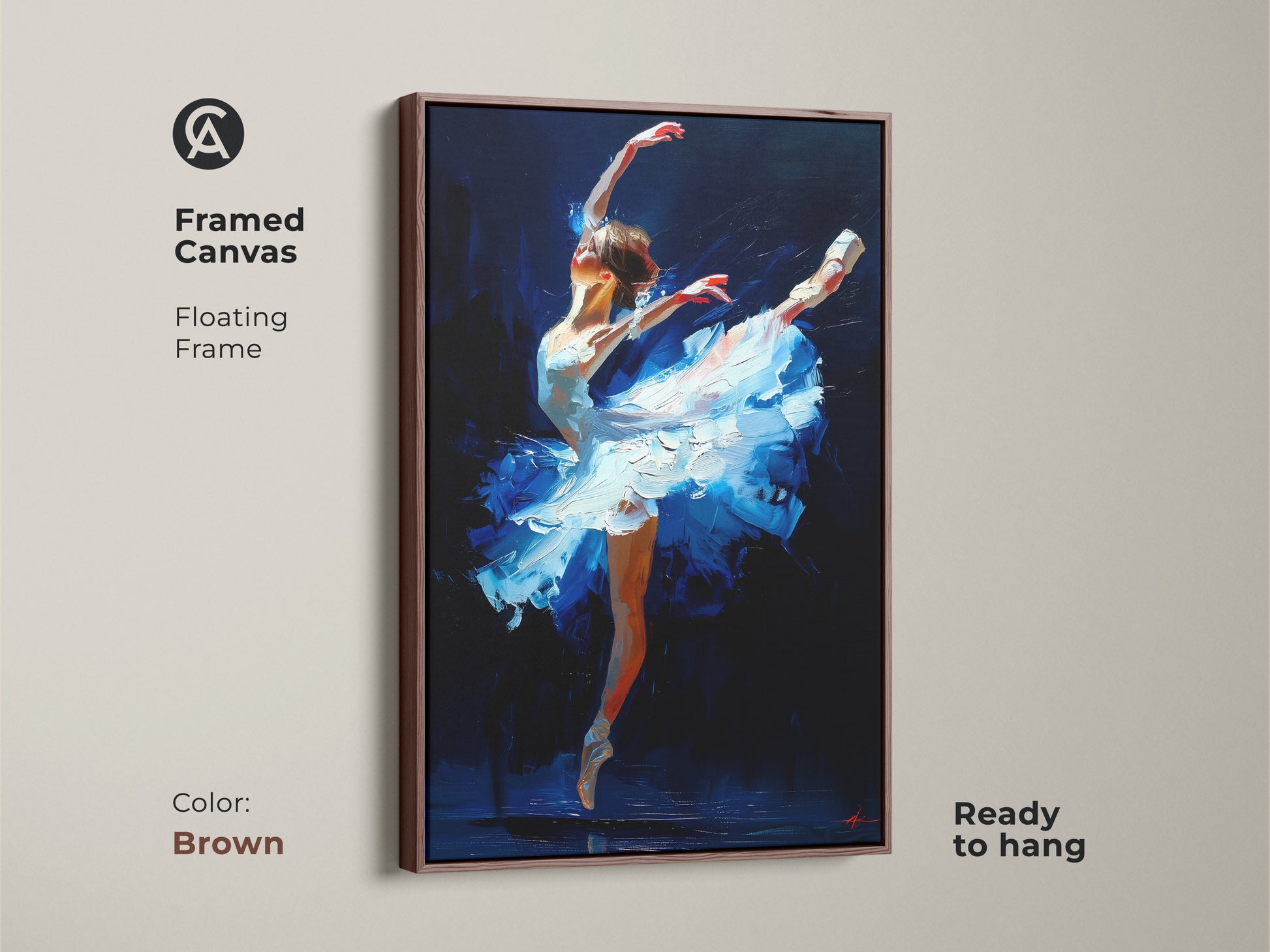 Framed canvas with a floating frame displaying ballet dancer artwork. The brown frame complements the art. This piece is ready to hang. Add warmth and elegance to your living space.