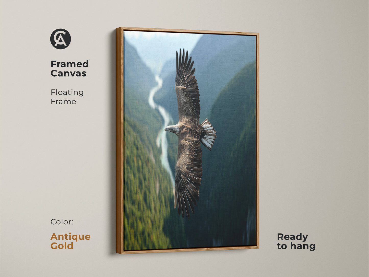 A framed canvas print features a soaring eagle over a valley with an antique gold floating frame. This wildlife photography artwork offers a rustic touch. The nature landscape wall art is ideal for bird watchers. Ready to hang this avian artwork is a great addition to any room. Perfect as a bird watcher gift.