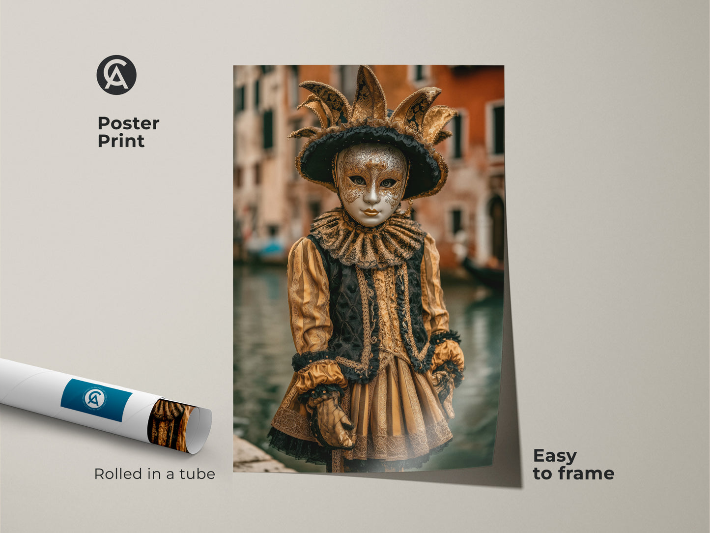 This is a Poster Print of a Venetian Carnival Jester Costume Artwork. This Masquerade Mask Canvas Print evokes a Baroque style. This Ornate gold and black wall decor adds a festive touch. The rolled in tube poster is easy to frame and perfect for Theatrical Decor.