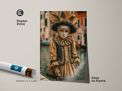 This is a Poster Print of a Venetian Carnival Jester Costume Artwork. This Masquerade Mask Canvas Print evokes a Baroque style. This Ornate gold and black wall decor adds a festive touch. The rolled in tube poster is easy to frame and perfect for Theatrical Decor.