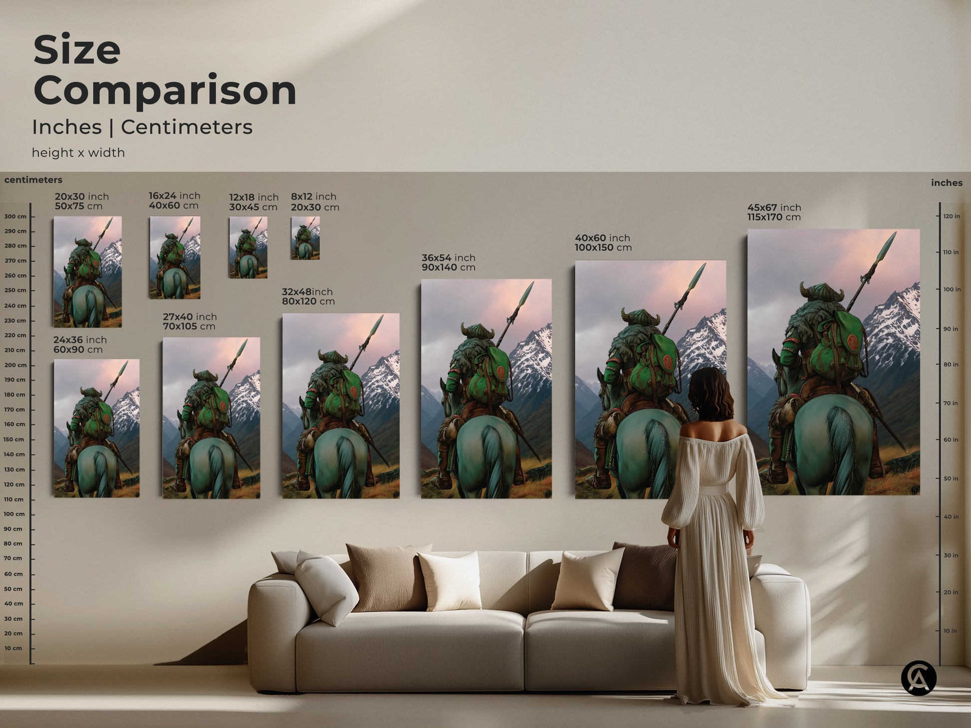 Compare sizes to find the ideal fit for your warrior on horse art. This size comparison shows how this dark fantasy warrior artwork transforms your space. Available as canvas or poster. The teal and grey tones create a stunning visual impact. Perfect for eclectic bedrooms and gaming rooms.
