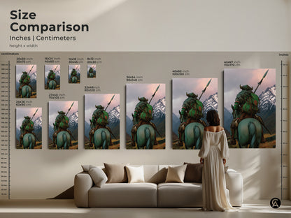 Compare sizes to find the ideal fit for your warrior on horse art. This size comparison shows how this dark fantasy warrior artwork transforms your space. Available as canvas or poster. The teal and grey tones create a stunning visual impact. Perfect for eclectic bedrooms and gaming rooms.