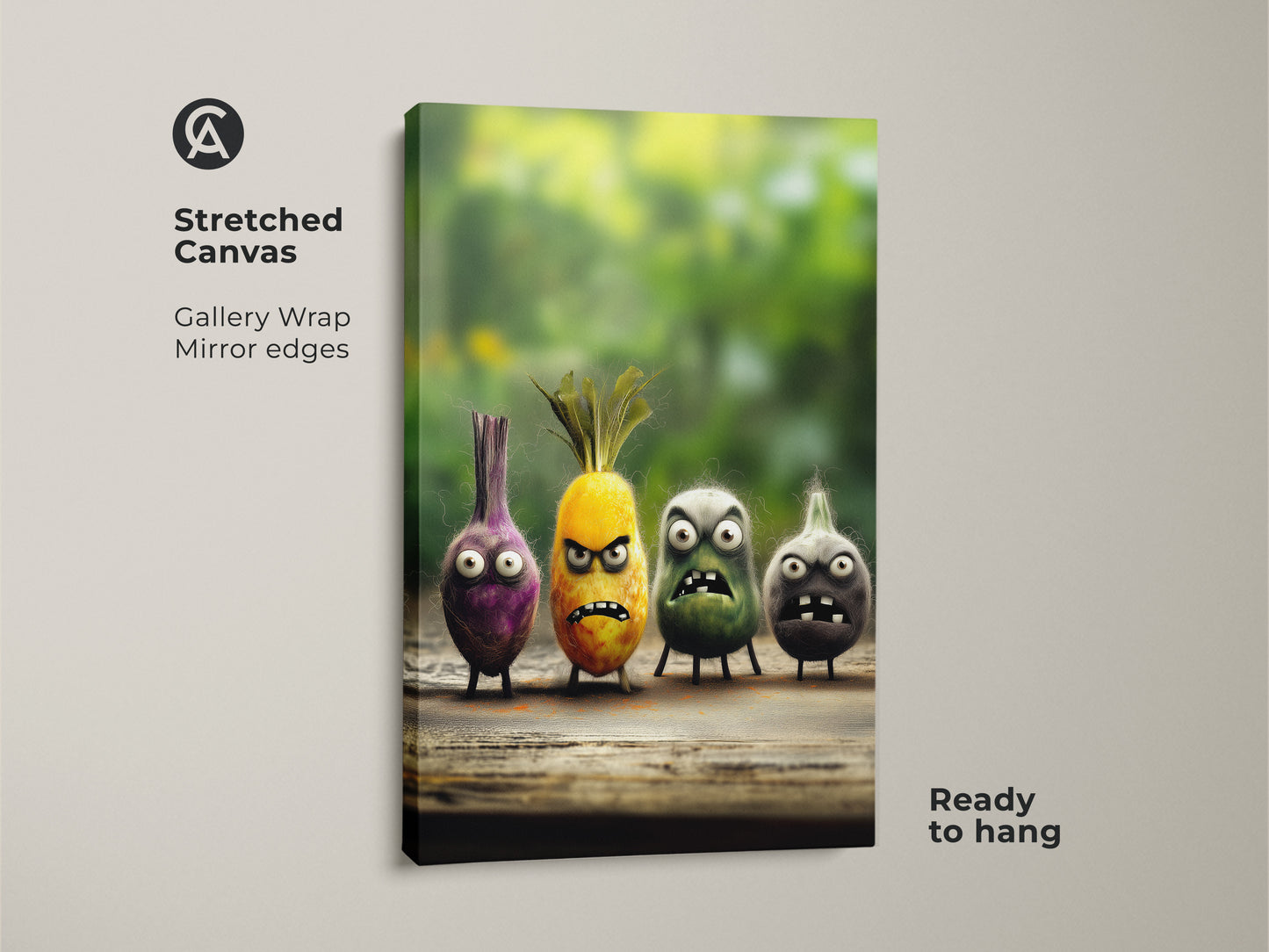 Stretched canvas featuring quirky food characters art. This funny onion and pineapple wall decor makes a statement. This cartoon kitchen art is a unique gift for foodies. Ready to hang and brighten up any room.