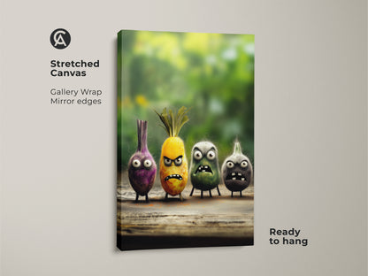 Stretched canvas featuring quirky food characters art. This funny onion and pineapple wall decor makes a statement. This cartoon kitchen art is a unique gift for foodies. Ready to hang and brighten up any room.