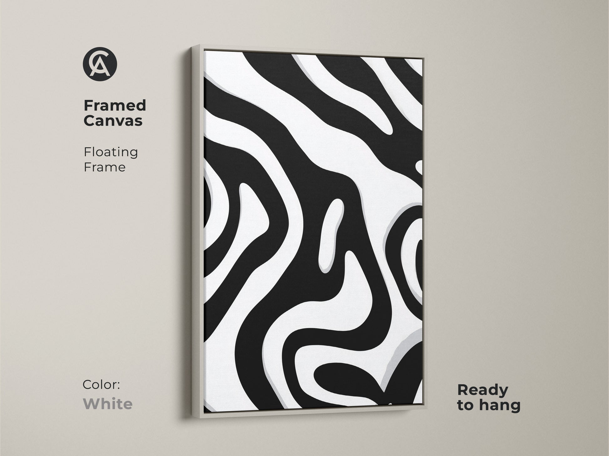 Framed canvas with a white frame featuring an abstract zebra stripe pattern. This black and white organic artwork is ready to hang. A floating frame enhances the modern minimalist wall art. Perfect for contemporary home decor.
