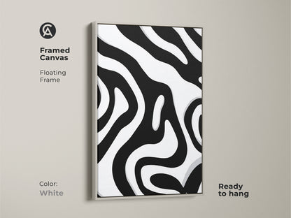 Framed canvas with a white frame featuring an abstract zebra stripe pattern. This black and white organic artwork is ready to hang. A floating frame enhances the modern minimalist wall art. Perfect for contemporary home decor.
